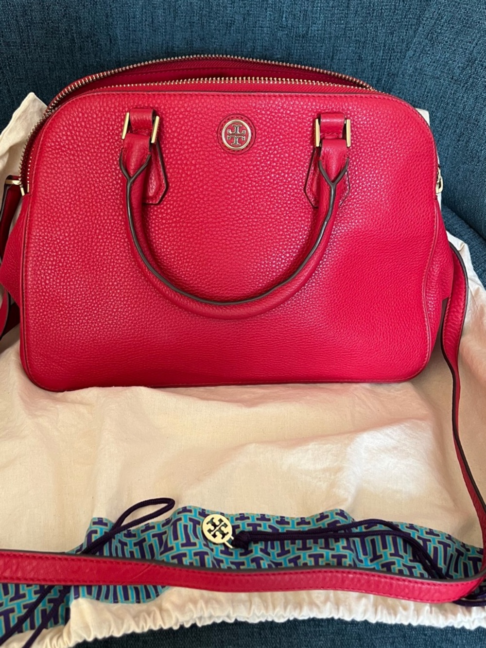 Tory Burch Pebbled Leather Satchel - Hot Red